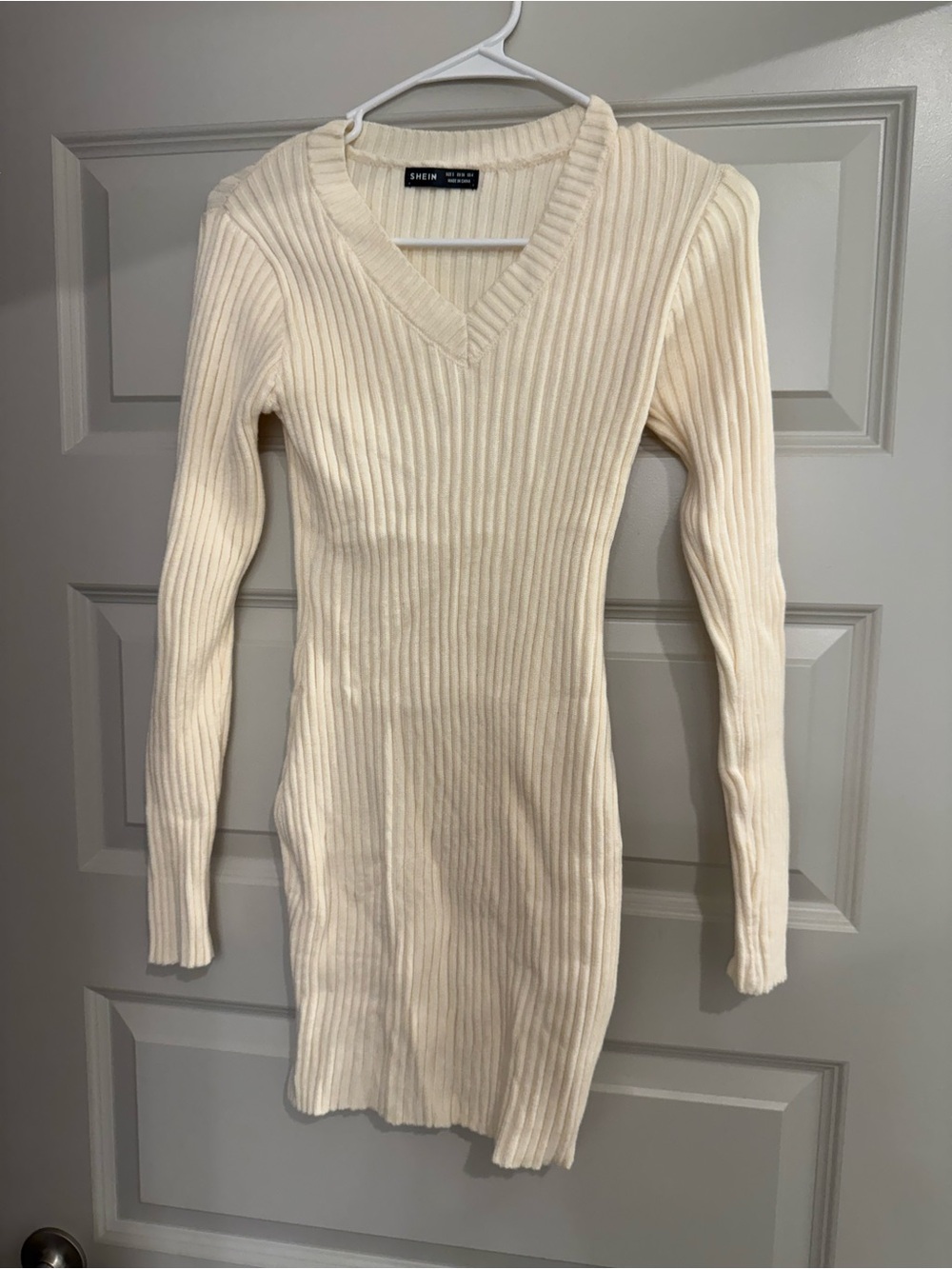 SHEIN Cream Ribbed V-Neck Long Sleeve Knit Dress